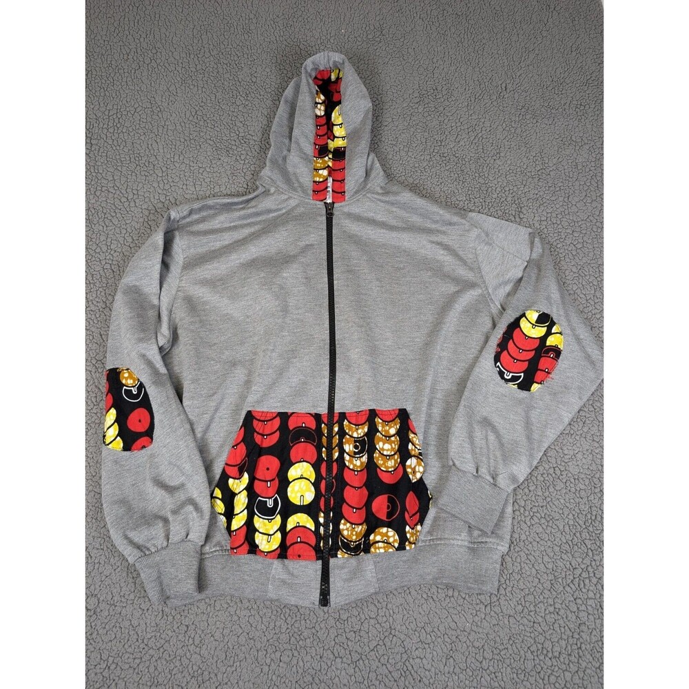 Urban African New York Hoodie Sweatshirt Tribal Prints Gray Zip Up Pockets XXL